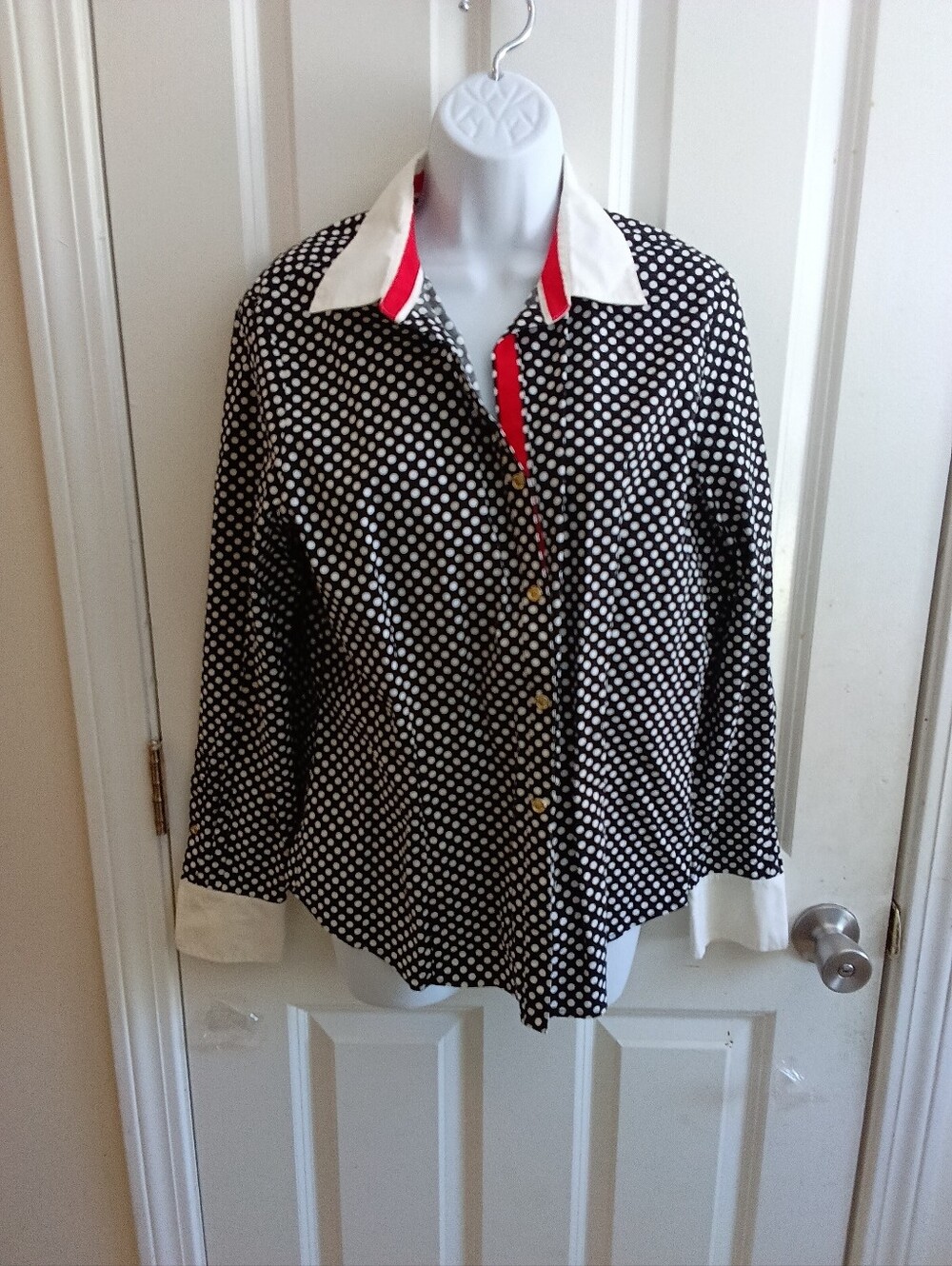 ANNE KLEIN Black Polka Dot Blouse with Red Trim SIZE 14 - Picture 5 of 7